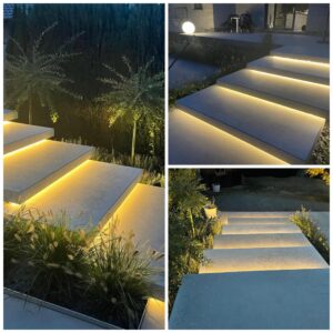 L'image montre comment un escalier peut être plus sécuritaire en ajoutant un éclairage extérieur.